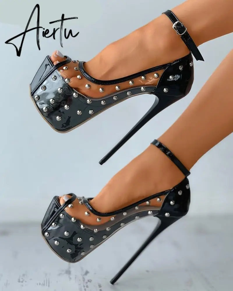 Sexy High Heels Ladies Women Sandals Rivet Metal Peep Toe Platform Thick Soles Stiletto PVC Club Banquet Summer Shoes Aiertu