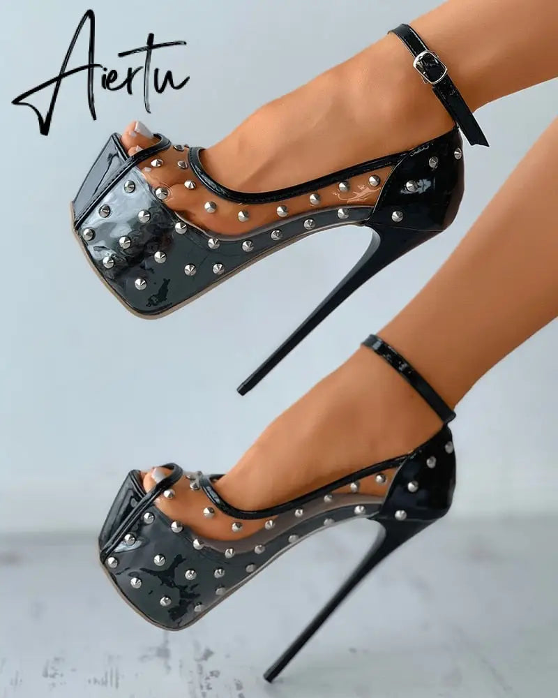 Sexy High Heels Ladies Women Sandals Rivet Metal Peep Toe Platform Thick Soles Stiletto PVC Club Banquet Summer Shoes Aiertu