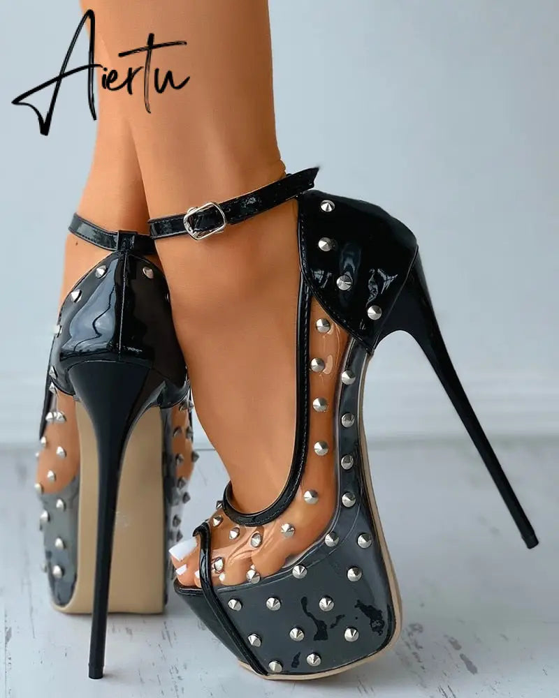 Sexy High Heels Ladies Women Sandals Rivet Metal Peep Toe Platform Thick Soles Stiletto PVC Club Banquet Summer Shoes Aiertu
