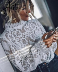Sexy lace blouse white fashion full sleeve blusa feminina ladies tops vintage sexy lace shirt vetidos mujer spring new Aiertu