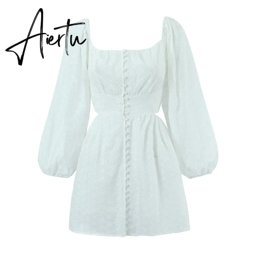 Sexy Lantern Sleeve Hollow Out Embroidery White Cross Elastic Rope Backless Mini Dress BOHO Slit Back Woman Holiday Robe Aiertu