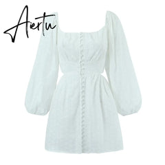Sexy Lantern Sleeve Hollow Out Embroidery White Cross Elastic Rope Backless Mini Dress BOHO Slit Back Woman Holiday Robe Aiertu