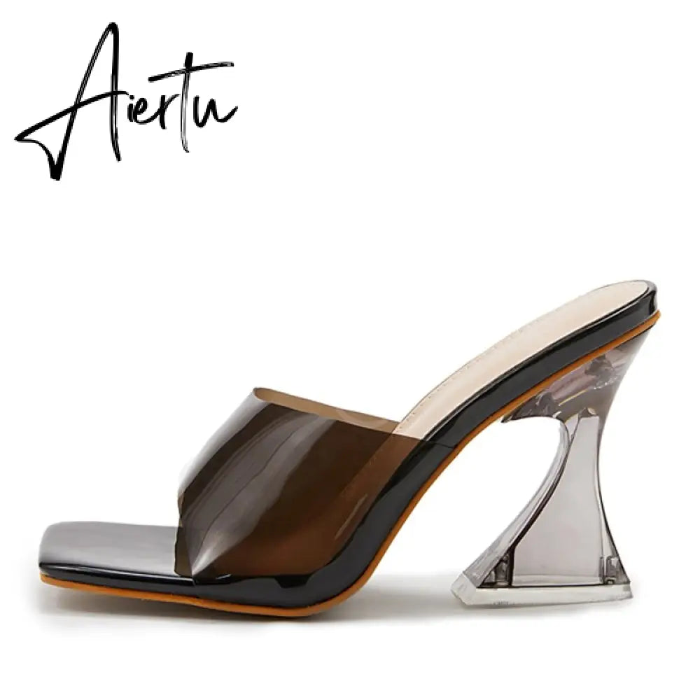 Sexy Leopard Grain PVC Transparent Slippers Women Slides Mules Gladiator Jelly Sandals Summer Open Toe Clear High Heels Shoes Aiertu