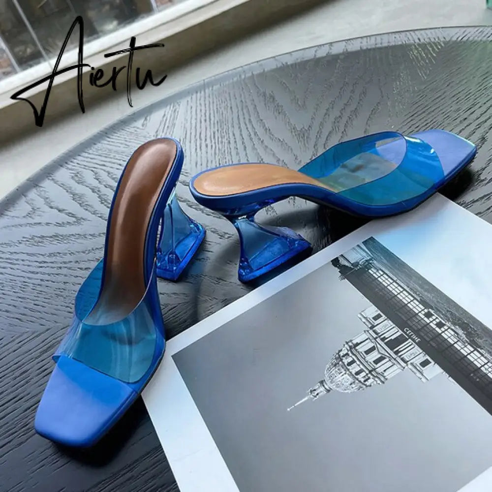 Sexy Leopard Grain PVC Transparent Slippers Women Slides Mules Gladiator Jelly Sandals Summer Open Toe Clear High Heels Shoes Aiertu
