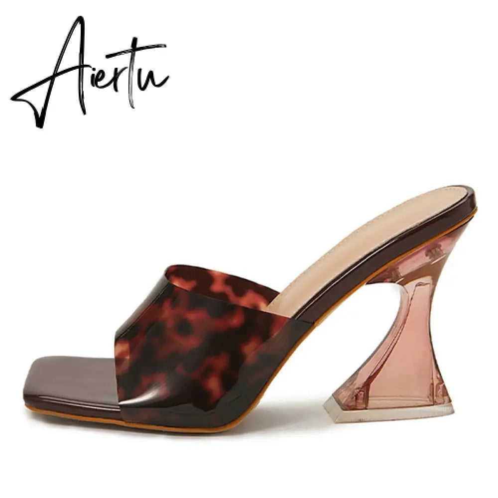 Sexy Leopard Grain PVC Transparent Slippers Women Slides Mules Gladiator Jelly Sandals Summer Open Toe Clear High Heels Shoes Aiertu