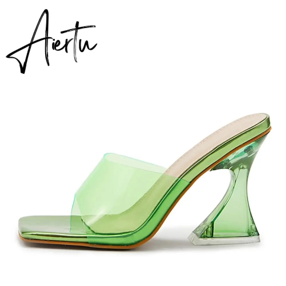 Sexy Leopard Grain PVC Transparent Slippers Women Slides Mules Gladiator Jelly Sandals Summer Open Toe Clear High Heels Shoes Aiertu