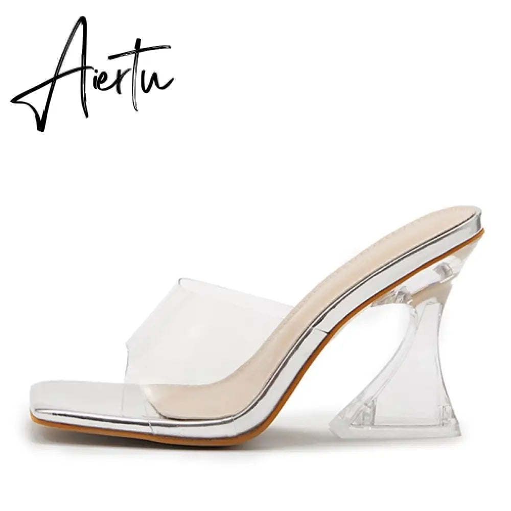 Sexy Leopard Grain PVC Transparent Slippers Women Slides Mules Gladiator Jelly Sandals Summer Open Toe Clear High Heels Shoes Aiertu
