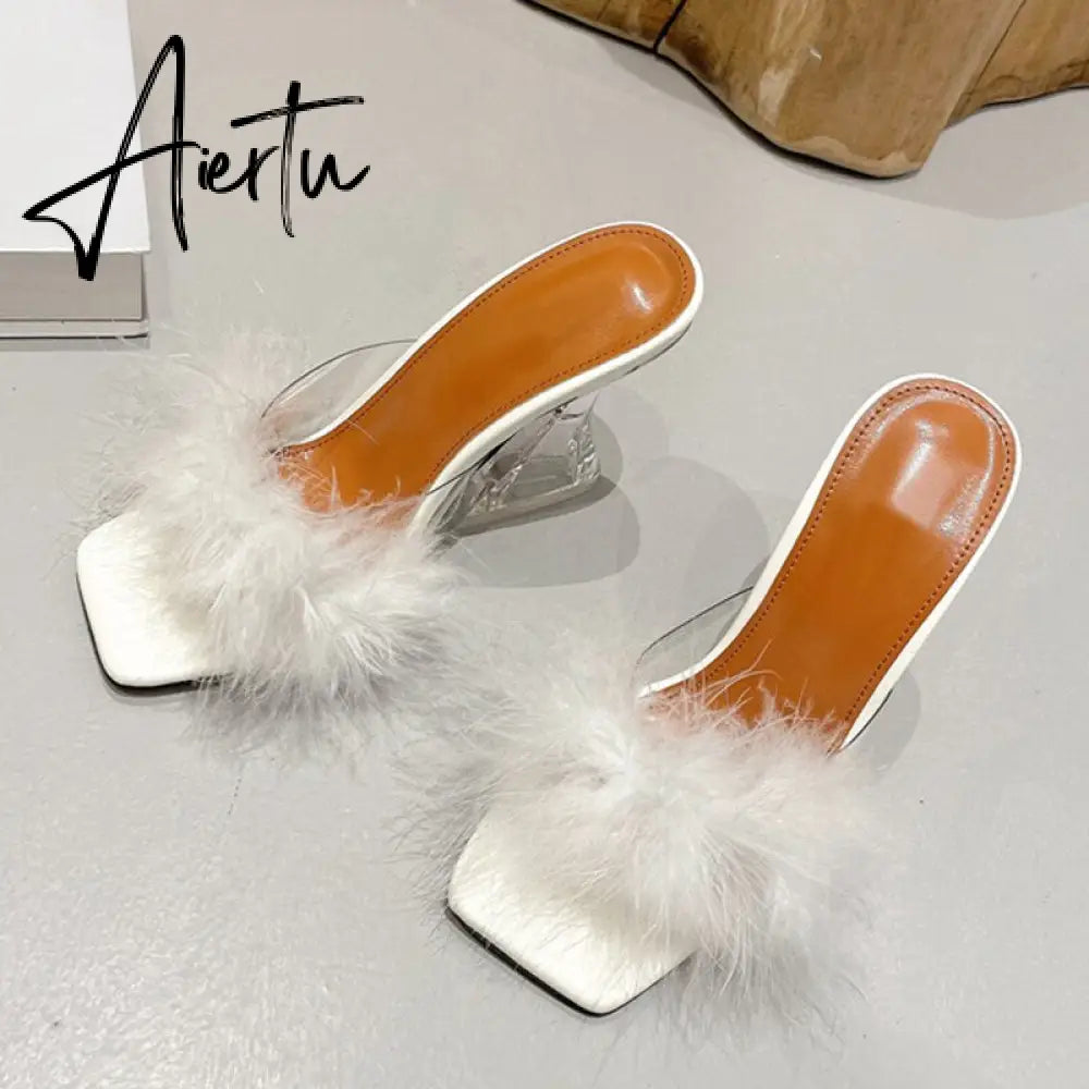 Sexy Leopard Grain PVC Transparent Slippers Women Slides Mules Gladiator Jelly Sandals Summer Open Toe Clear High Heels Shoes Aiertu