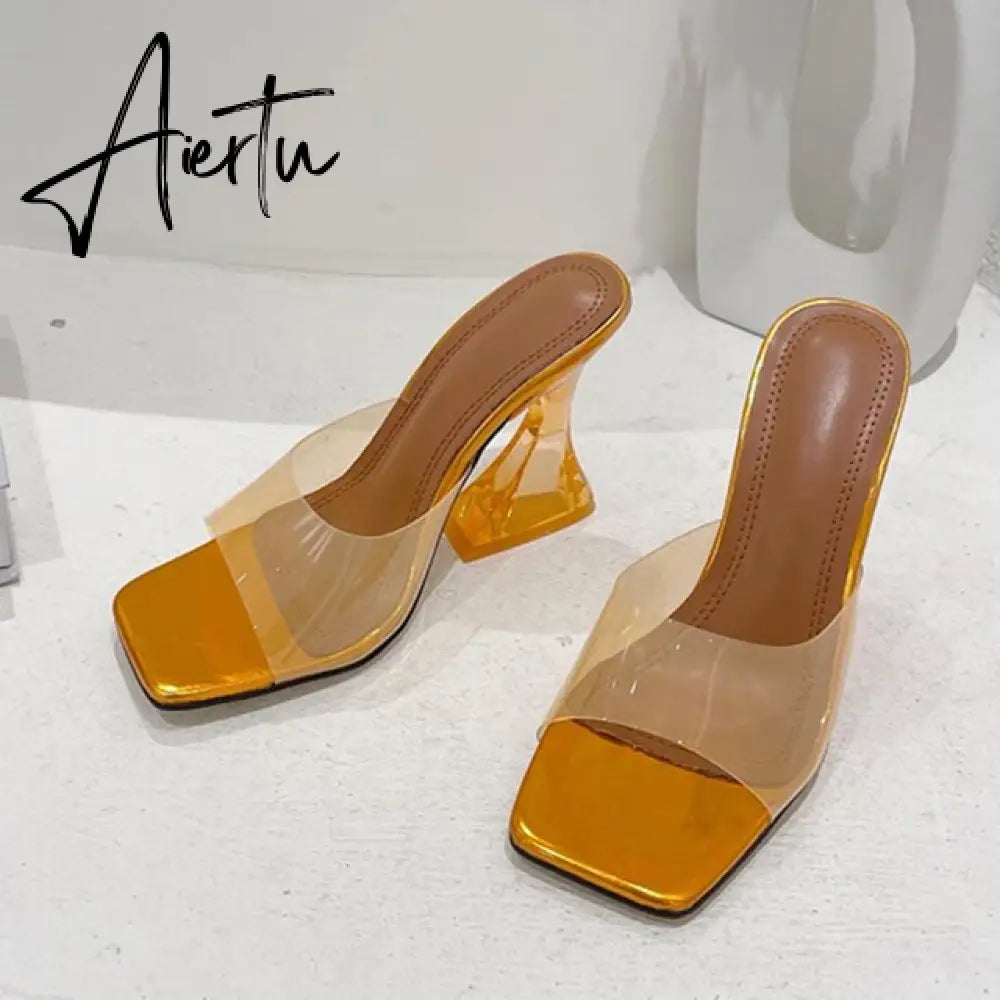Sexy Leopard Grain PVC Transparent Slippers Women Slides Mules Gladiator Jelly Sandals Summer Open Toe Clear High Heels Shoes Aiertu
