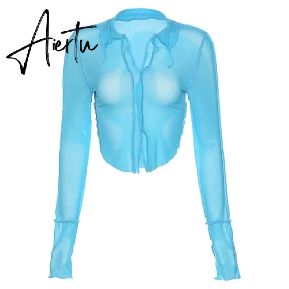 Sexy low cut mesh crop top women T-shirt autumn new club party black see-through Transparent long sleeve tee shirt female Aiertu