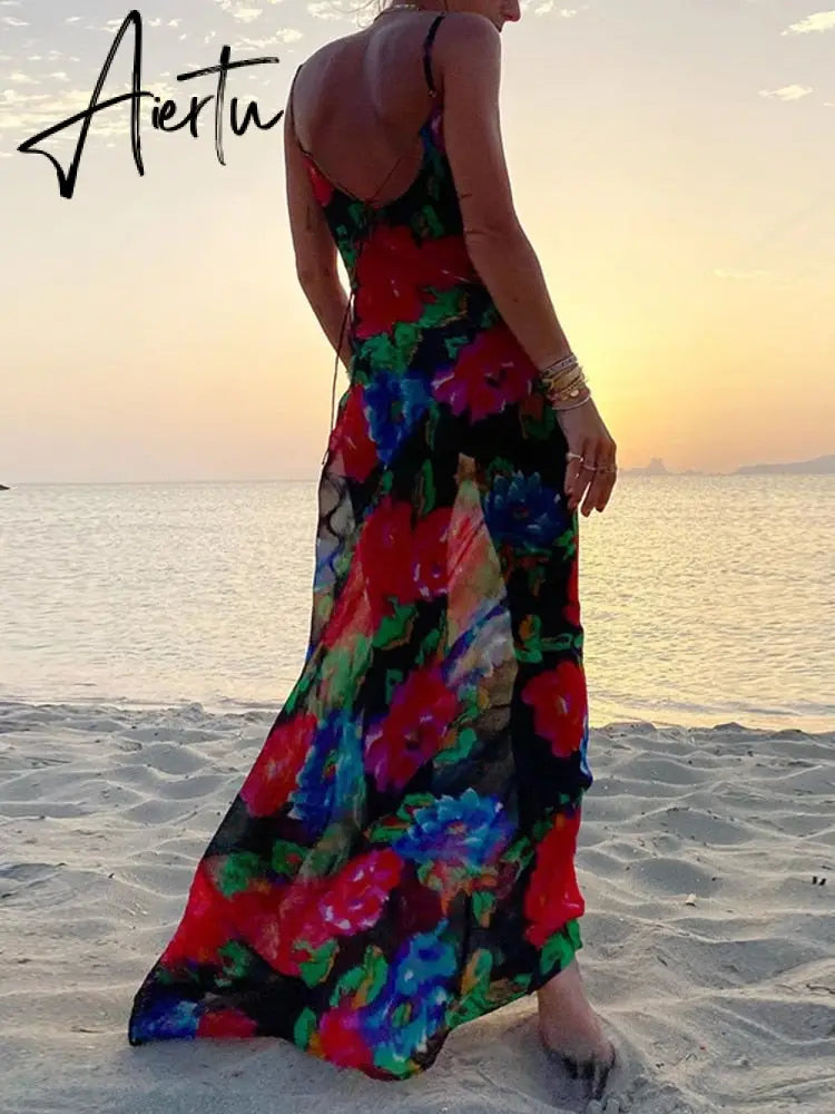 Sexy Off Shoulder Print Summer Long Dress Women Backless Bandage Beach Dresses Female Casual Party Boho Vestidos Aiertu