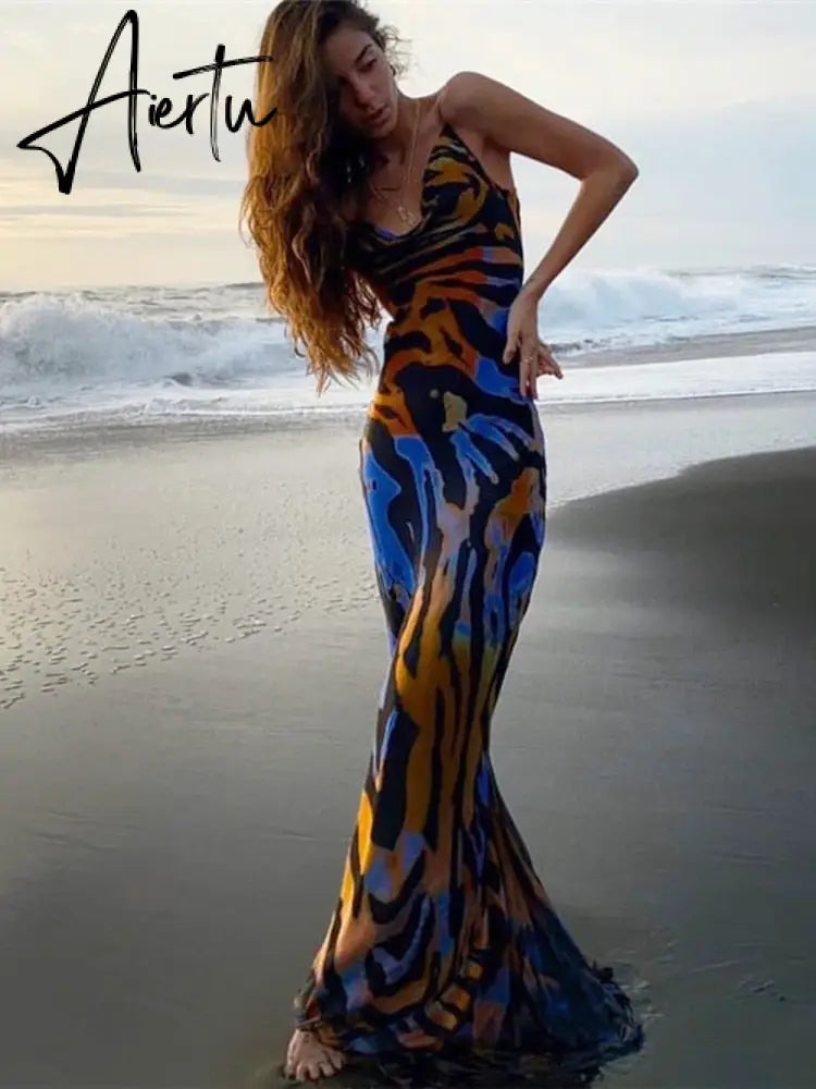 Sexy Off Shoulder Print Summer Long Dress Women Backless Bandage Beach Dresses Female Casual Party Boho Vestidos Aiertu