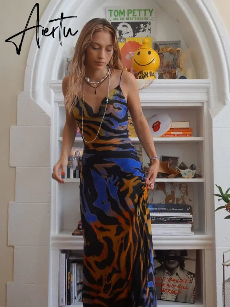 Sexy Off Shoulder Print Summer Long Dress Women Backless Bandage Beach Dresses Female Casual Party Boho Vestidos Aiertu