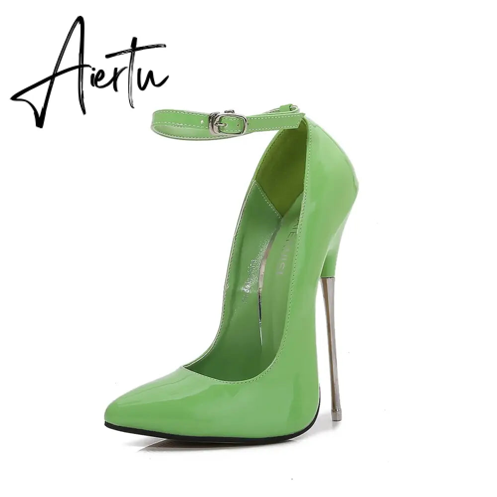 Sexy Patent Leather Fetishism Solid Pumps Metal Heel Women'S Shoes Pointy Stiletto 16 CM Super High Heels Sandals Large Size 46 Aiertu