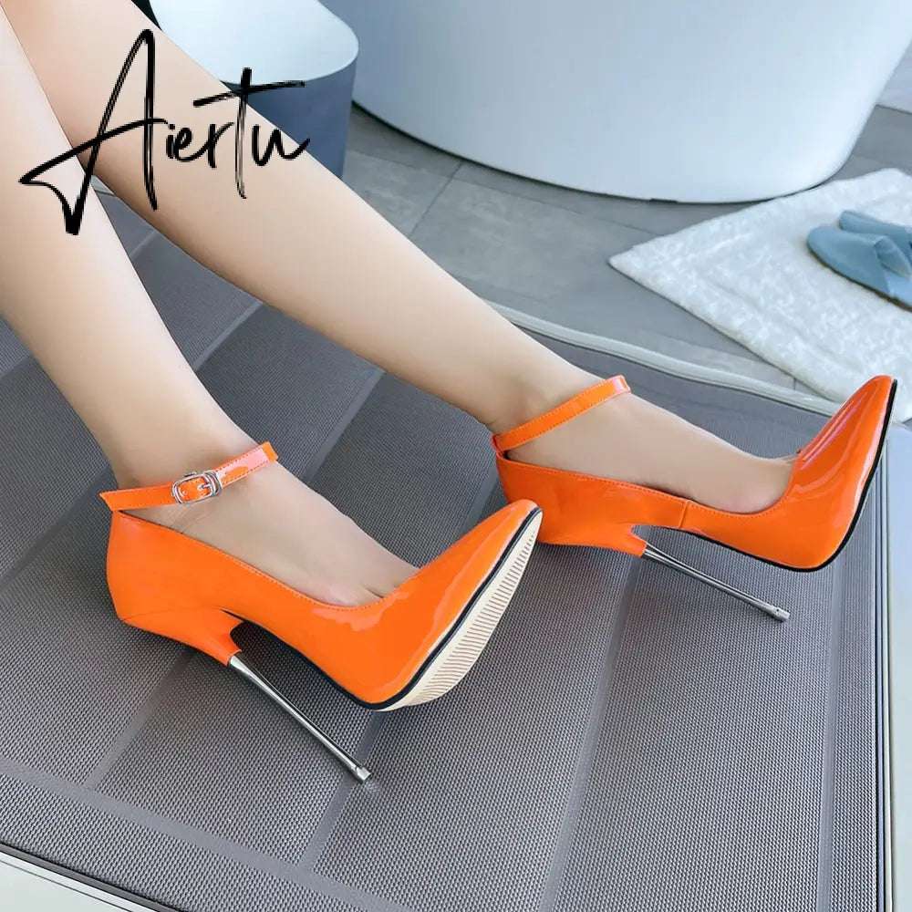 Sexy Patent Leather Fetishism Solid Pumps Metal Heel Women'S Shoes Pointy Stiletto 16 CM Super High Heels Sandals Large Size 46 Aiertu