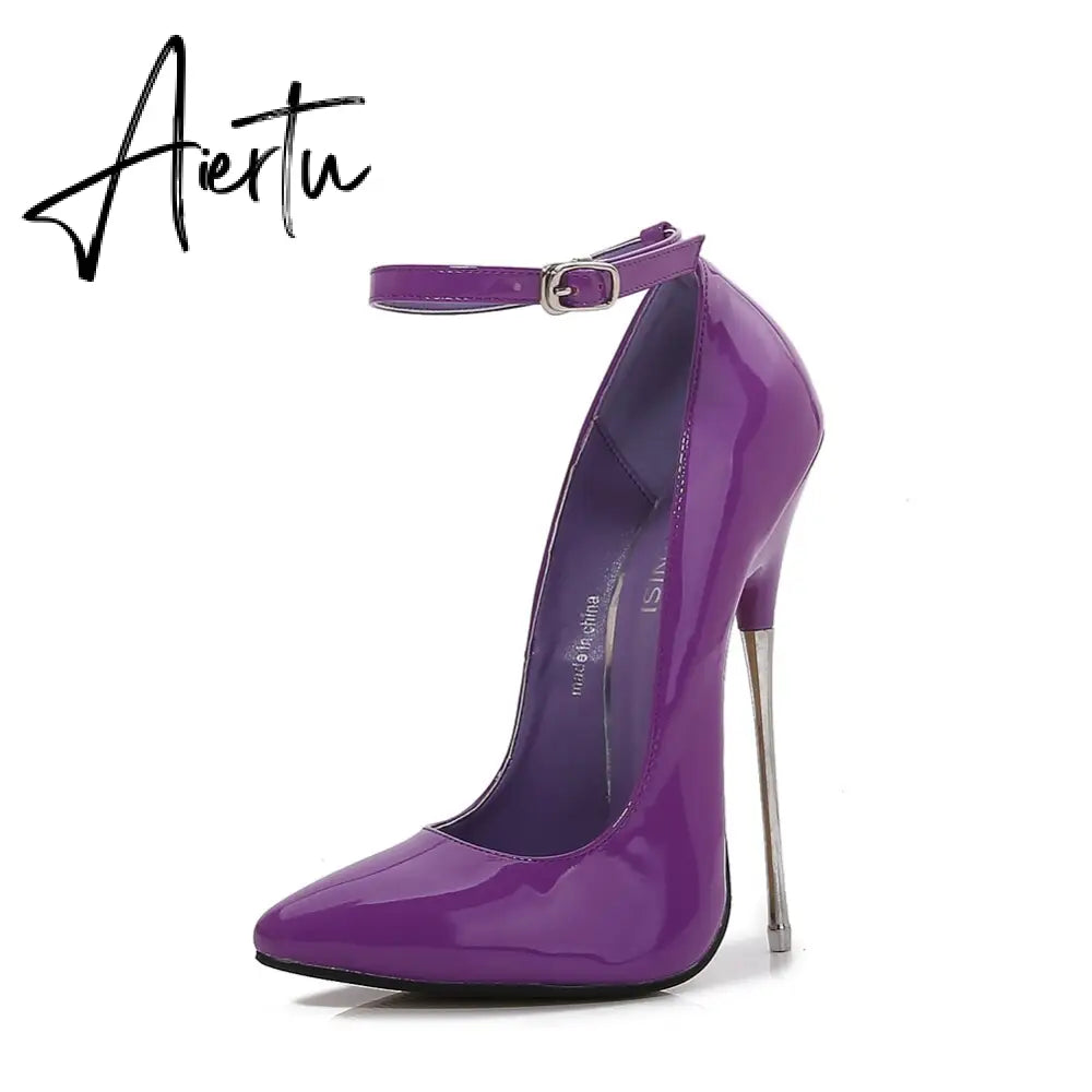 Sexy Patent Leather Fetishism Solid Pumps Metal Heel Women'S Shoes Pointy Stiletto 16 CM Super High Heels Sandals Large Size 46 Aiertu
