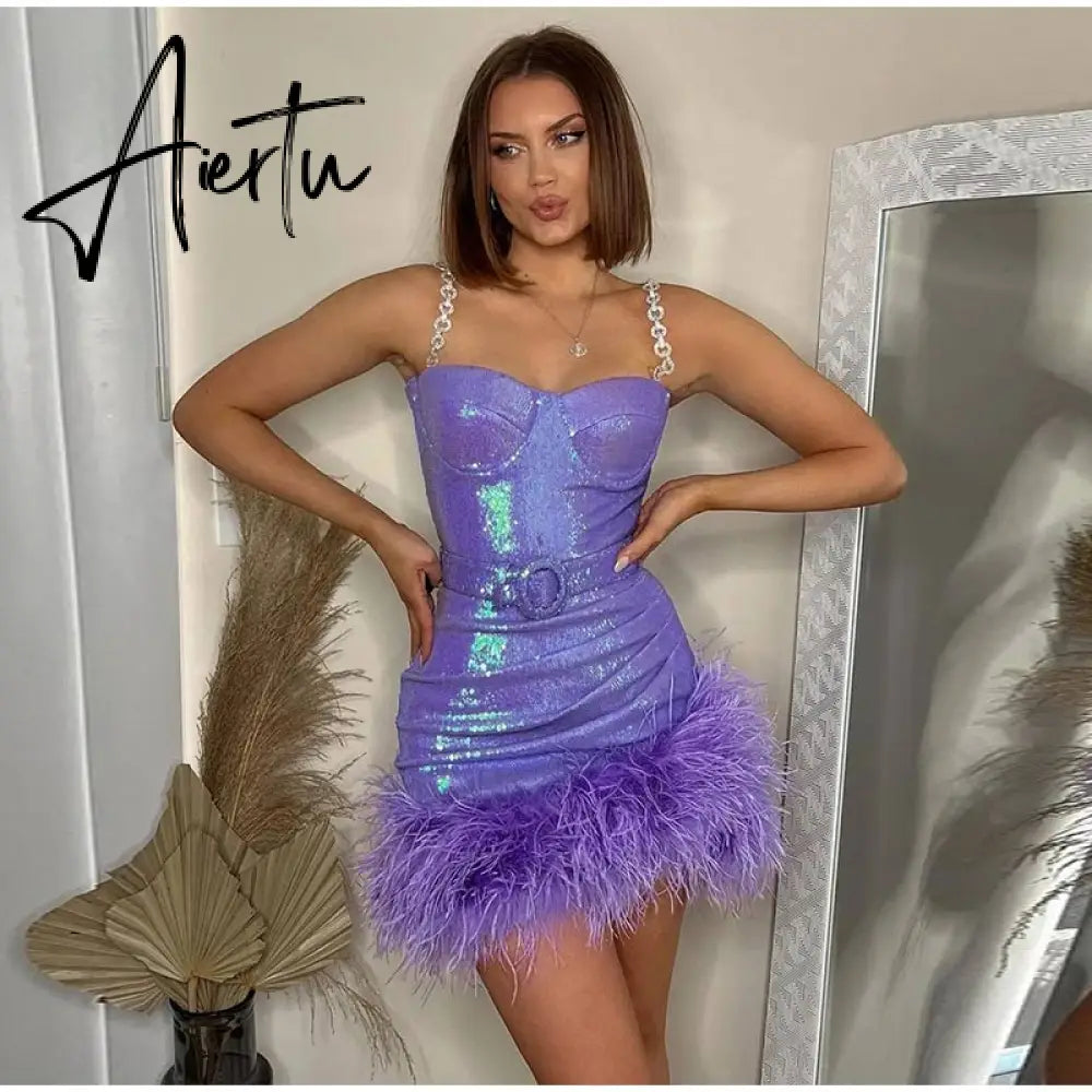 Sexy Sequins Feather Pleated Mini Dresses With Belt Women Backless V Neck Sleeveless Slim Vestidos Summer Night Club Party Robe Aiertu