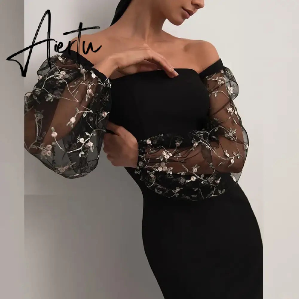 Sexy Sheer Lantern Sleeve Long Dress Fashion Patchwork Embroidery Mesh Party Dress Women Casual Square Collar Slim Bodycon Dress Aiertu