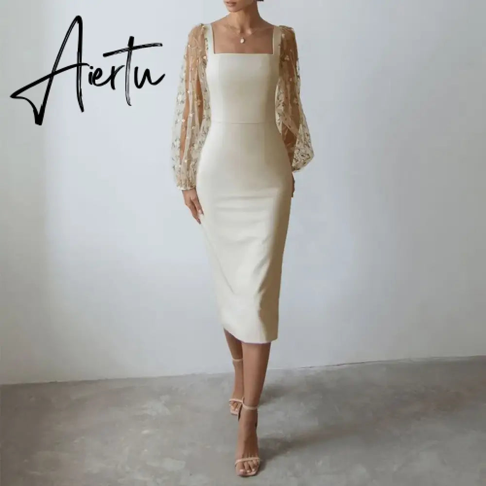Sexy Sheer Lantern Sleeve Long Dress Fashion Patchwork Embroidery Mesh Party Dress Women Casual Square Collar Slim Bodycon Dress Aiertu