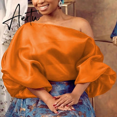 Sexy Shirts Skew Collar Lantern Long Sleeve Orange Loose Fashion Elegant For Evening Night Party Dinner Tops Blouse Summer Cloth Aiertu