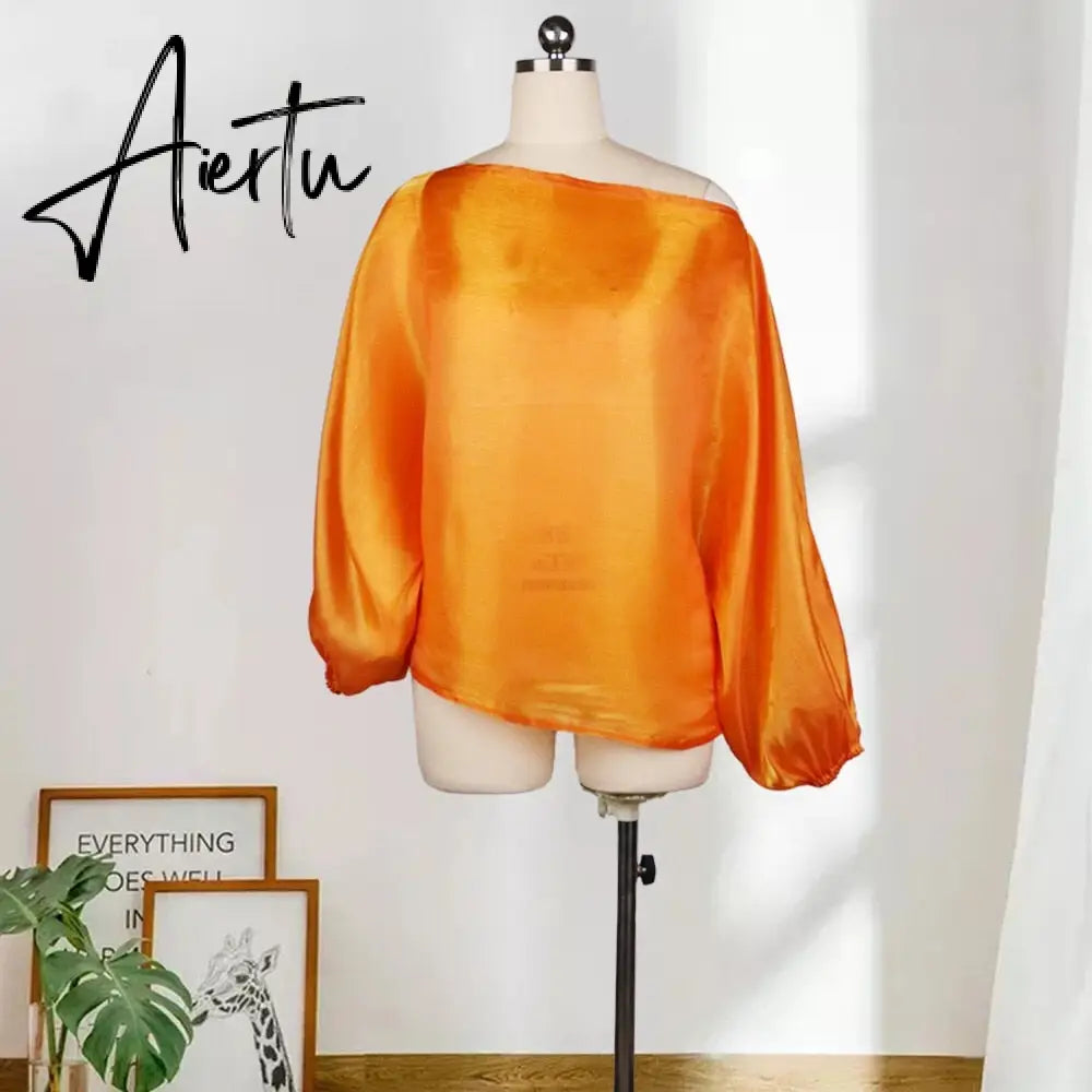 Sexy Shirts Skew Collar Lantern Long Sleeve Orange Loose Fashion Elegant For Evening Night Party Dinner Tops Blouse Summer Cloth Aiertu