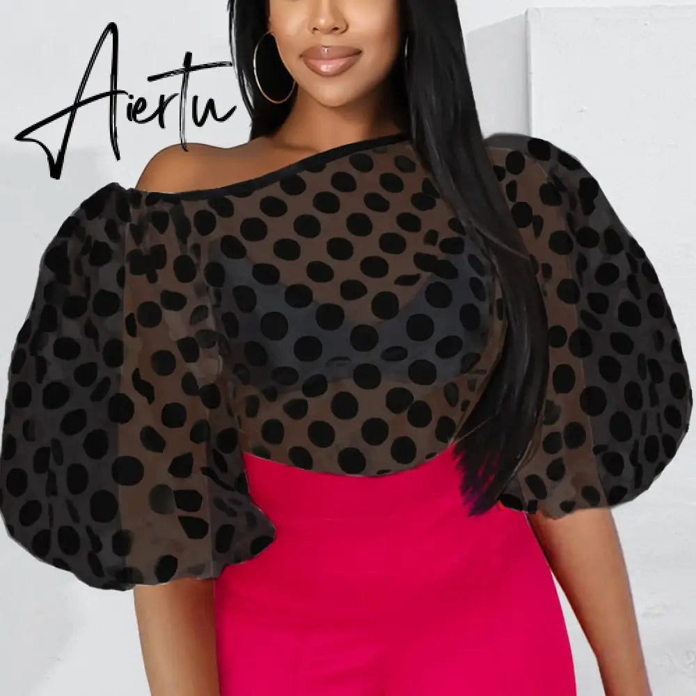Sexy Shirts Skew Collar Lantern Long Sleeve Orange Loose Fashion Elegant For Evening Night Party Dinner Tops Blouse Summer Cloth Aiertu
