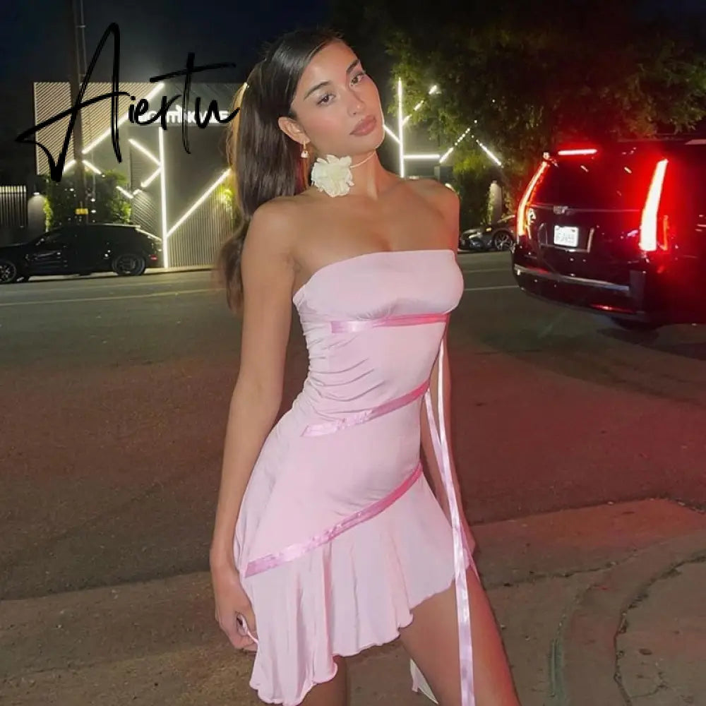 Sexy Slim Backless Ribbon Strapless Short Dress For Women Summer New Solid Color Irregular High Waist Fashion Dresses Aiertu