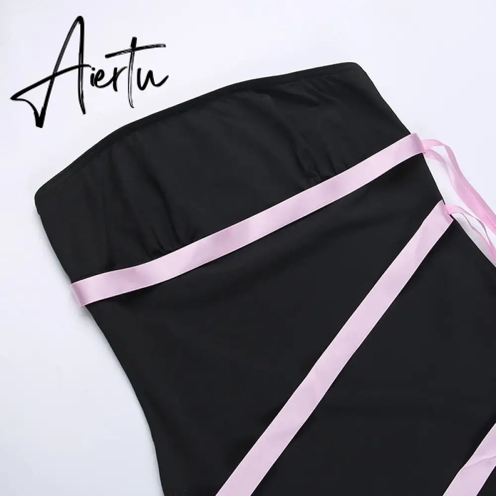 Sexy Slim Backless Ribbon Strapless Short Dress For Women Summer New Solid Color Irregular High Waist Fashion Dresses Aiertu