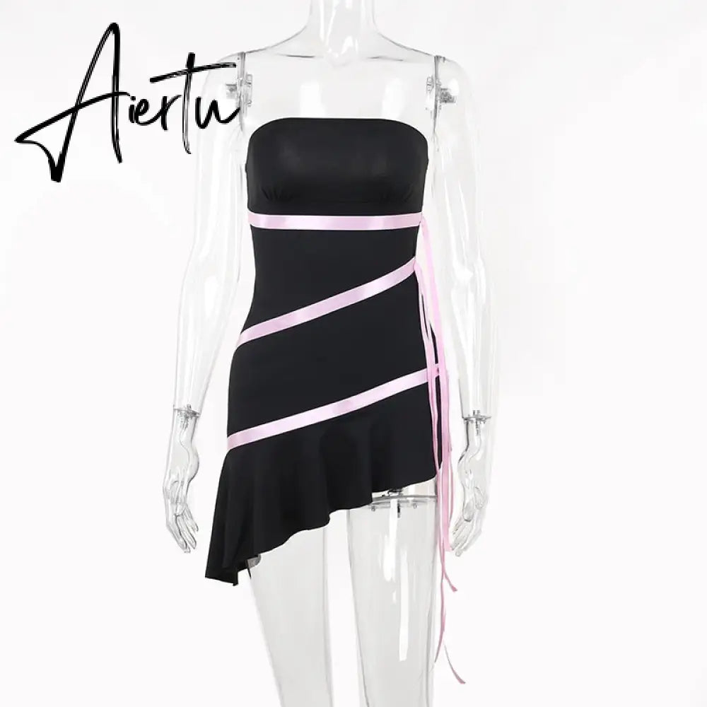 Sexy Slim Backless Ribbon Strapless Short Dress For Women Summer New Solid Color Irregular High Waist Fashion Dresses Aiertu
