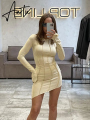 Sexy Solid Patchwork O Neck Mini Dress Women Autumn Bodycon Long Sleeve Slim Fit Elegant Party Club Vestido Aiertu