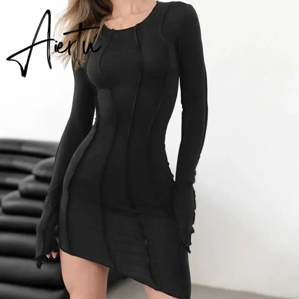 Sexy Solid Patchwork O Neck Mini Dress Women Autumn Bodycon Long Sleeve Slim Fit Elegant Party Club Vestido Aiertu