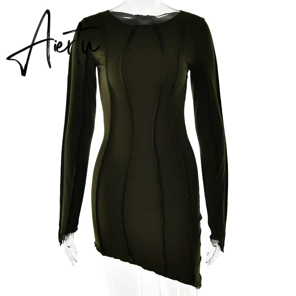 Sexy Solid Patchwork O Neck Mini Dress Women Autumn Bodycon Long Sleeve Slim Fit Elegant Party Club Vestido Aiertu