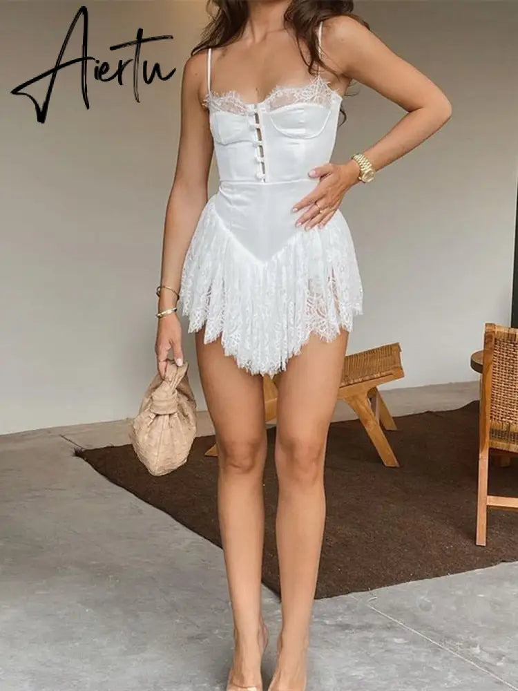 Sexy Solid White Stitching Lace Bra Corset style Spaghetti Strap Mini Dress Women Backless Party Skater Short Sling Robe Aiertu