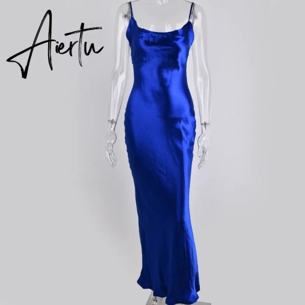 Sexy Spaghetti Strap Backless Summer Dress Women Satin Lace Up Trumpet Long Dress Elegant Bodycon Party Dresses Aiertu