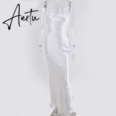 Sexy Spaghetti Strap Backless Summer Dress Women Satin Lace Up Trumpet Long Dress Elegant Bodycon Party Dresses Aiertu