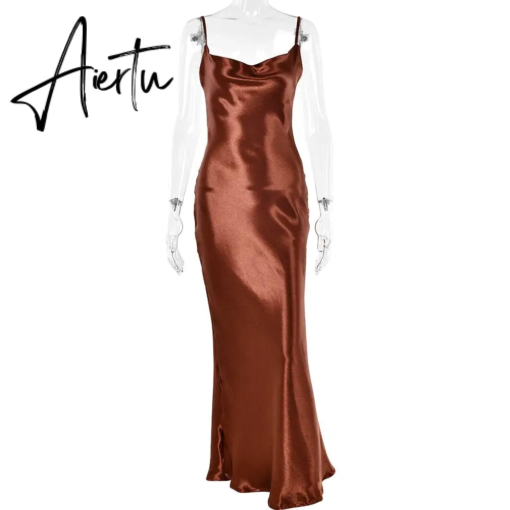 Sexy Spaghetti Strap Backless Summer Dress Women Satin Lace Up Trumpet Long Dress Elegant Bodycon Party Dresses Aiertu