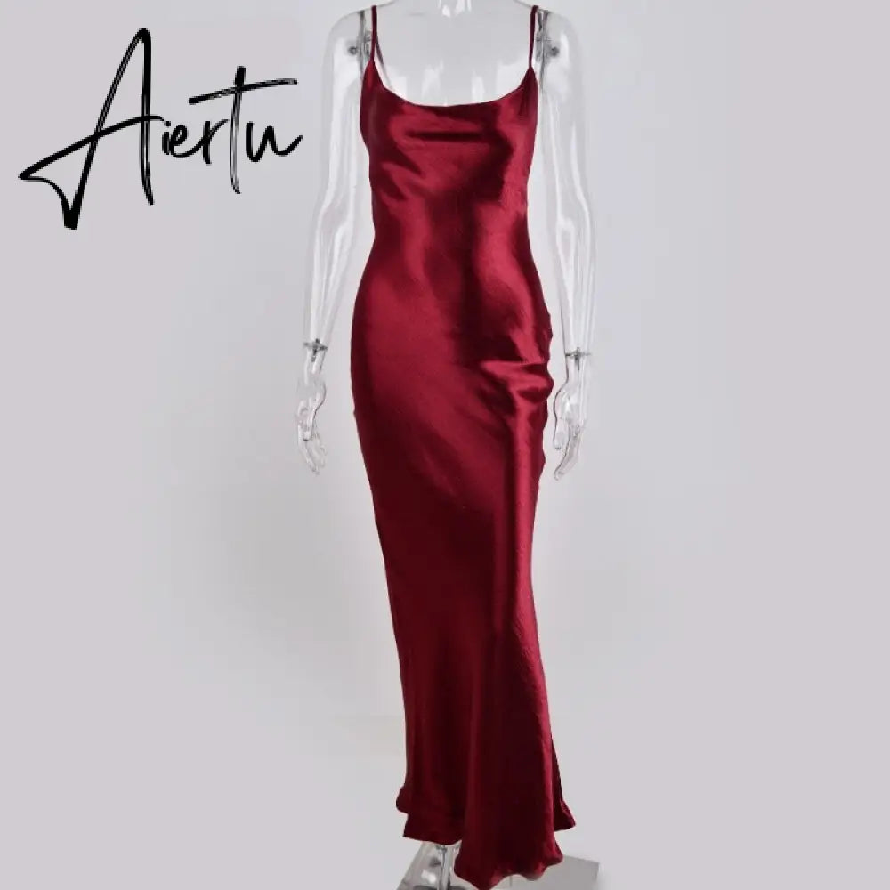 Sexy Spaghetti Strap Backless Summer Dress Women Satin Lace Up Trumpet Long Dress Elegant Bodycon Party Dresses Aiertu