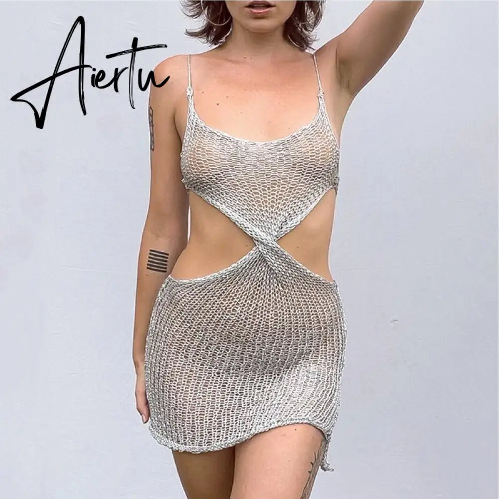 Sexy Spaghetti Strap See Through Mini Dress New Summer Fashion Elegant Sleeveless Backless Beach Cover Up Dresses for Women Aiertu