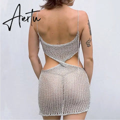 Sexy Spaghetti Strap See Through Mini Dress New Summer Fashion Elegant Sleeveless Backless Beach Cover Up Dresses for Women Aiertu