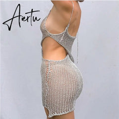 Sexy Spaghetti Strap See Through Mini Dress New Summer Fashion Elegant Sleeveless Backless Beach Cover Up Dresses for Women Aiertu