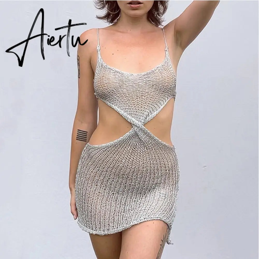 Sexy Spaghetti Strap See Through Mini Dress New Summer Fashion Elegant Sleeveless Backless Beach Cover Up Dresses for Women Aiertu