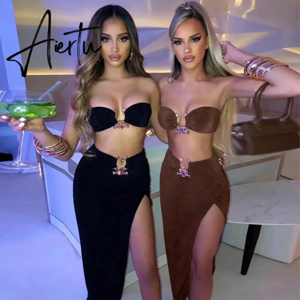 Sexy Strapless Crop Tube Top High Waist Slit Maxi Dress 2 Pcs Suits Fall Women Fashion Streetwear Vestido Y2K Aiertu