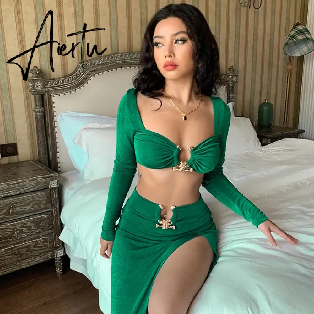 Sexy Strapless Crop Tube Top High Waist Slit Maxi Dress 2 Pcs Suits Fall Women Fashion Streetwear Vestido Y2K Aiertu