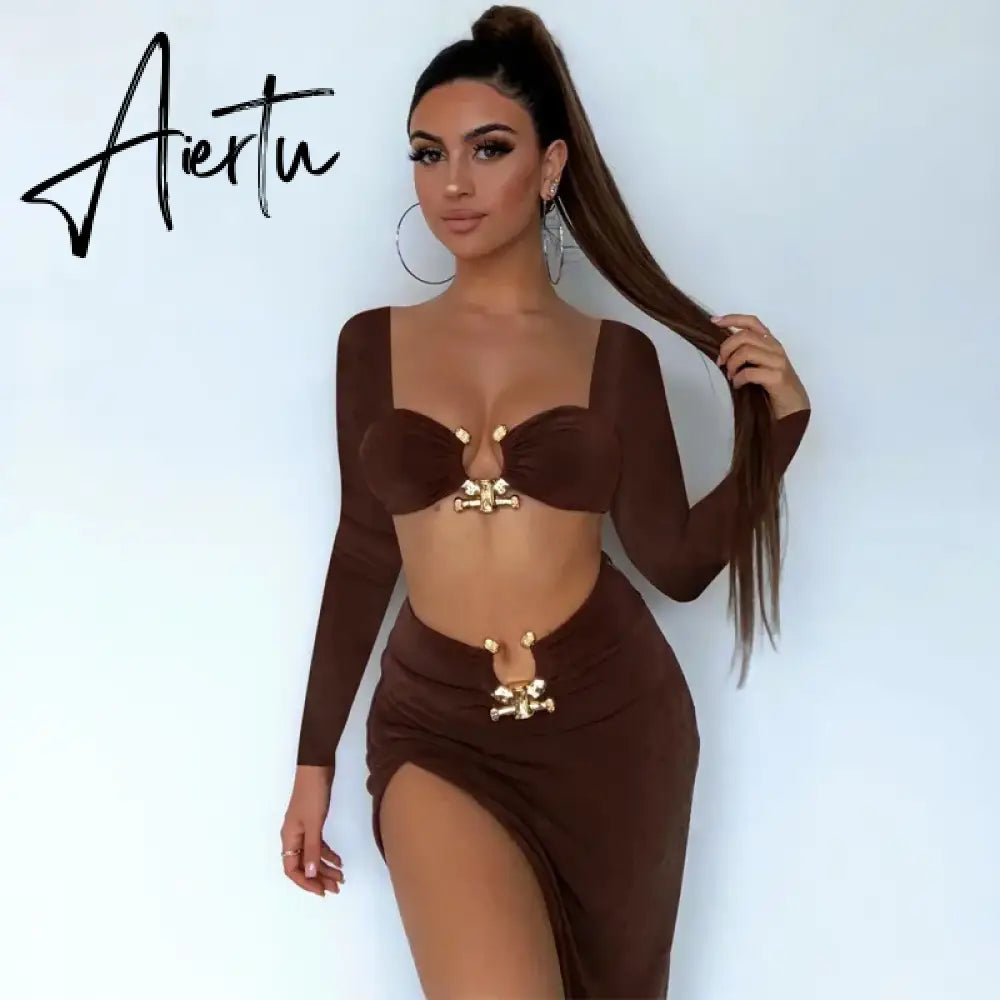 Sexy Strapless Crop Tube Top High Waist Slit Maxi Dress 2 Pcs Suits Fall Women Fashion Streetwear Vestido Y2K Aiertu