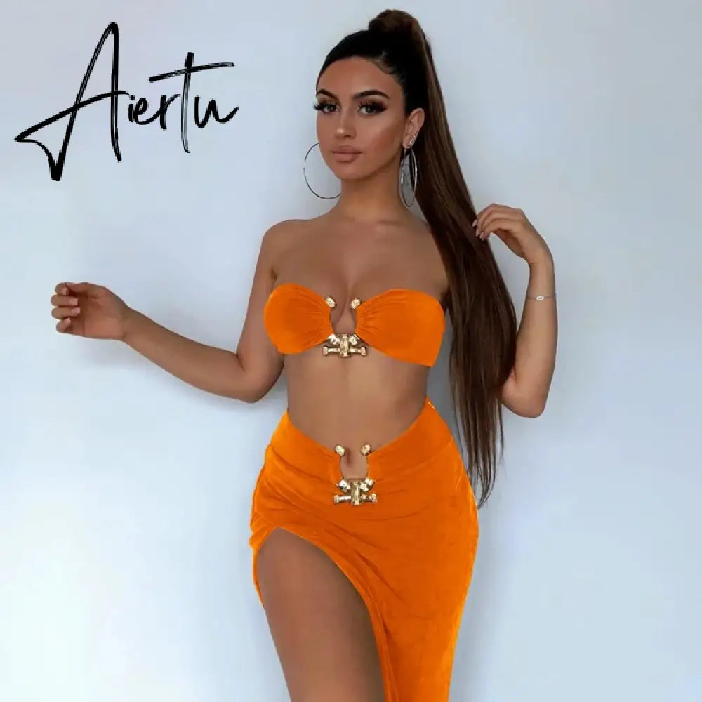 Sexy Strapless Crop Tube Top High Waist Slit Maxi Dress 2 Pcs Suits Fall Women Fashion Streetwear Vestido Y2K Aiertu