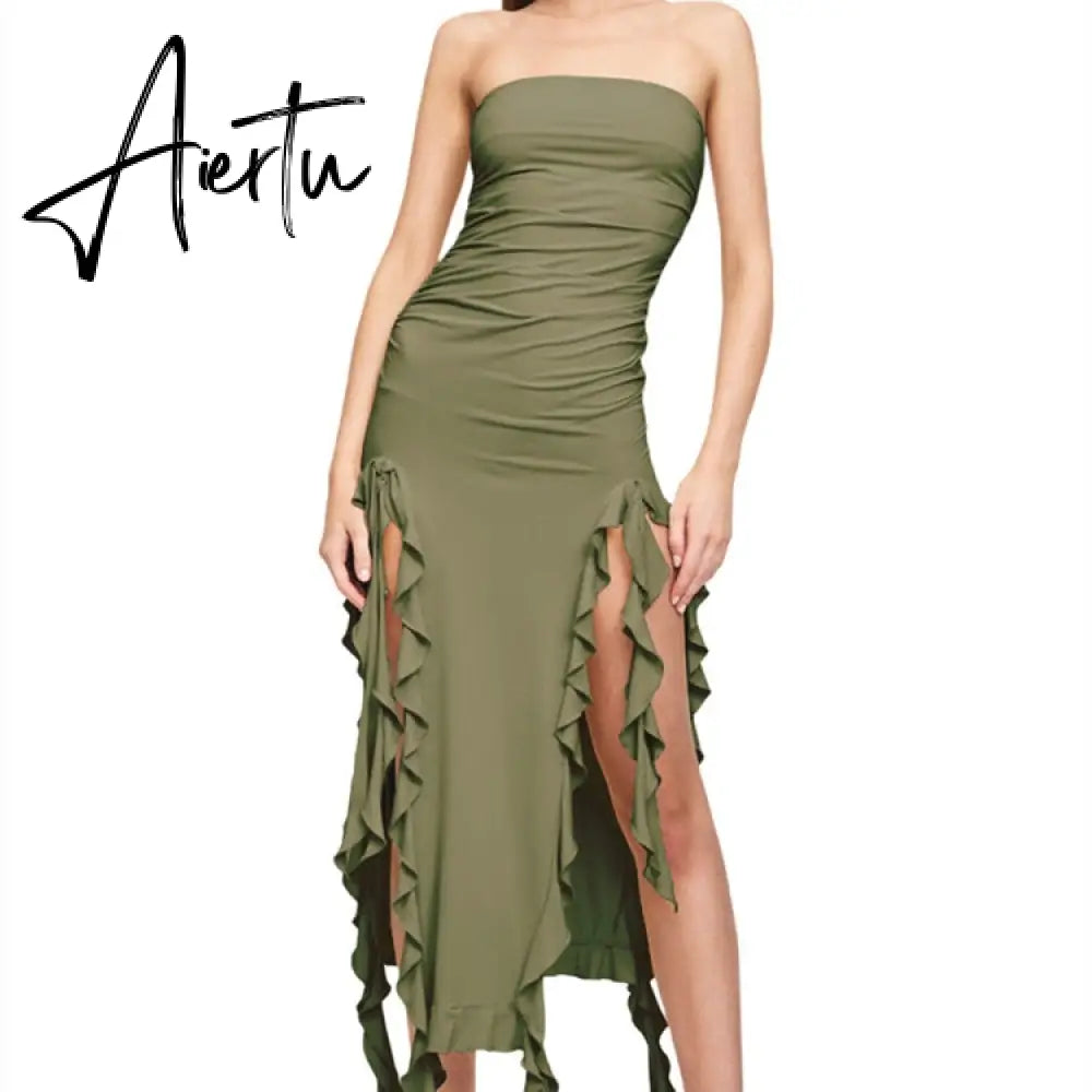 Sexy Strapless Off Shoulder Midi Dress Women Ruffles Split Beach Dress Summer Slim Fit Party Female Aiertu