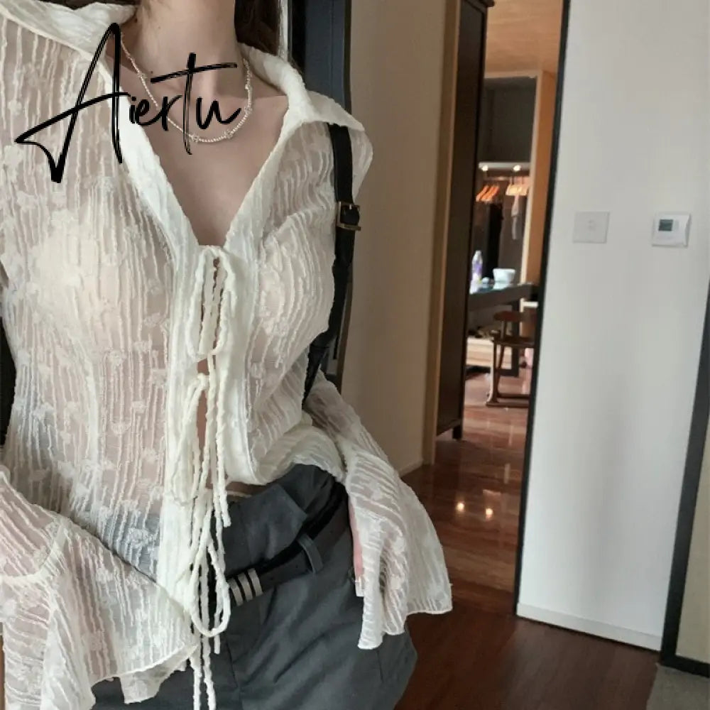 Sexy Transparent Blouse Women Lace Korean Fashion Harajuku Long Sleeve See Through Black Goth Slim Shirts Y2k Aesthetic Aiertu
