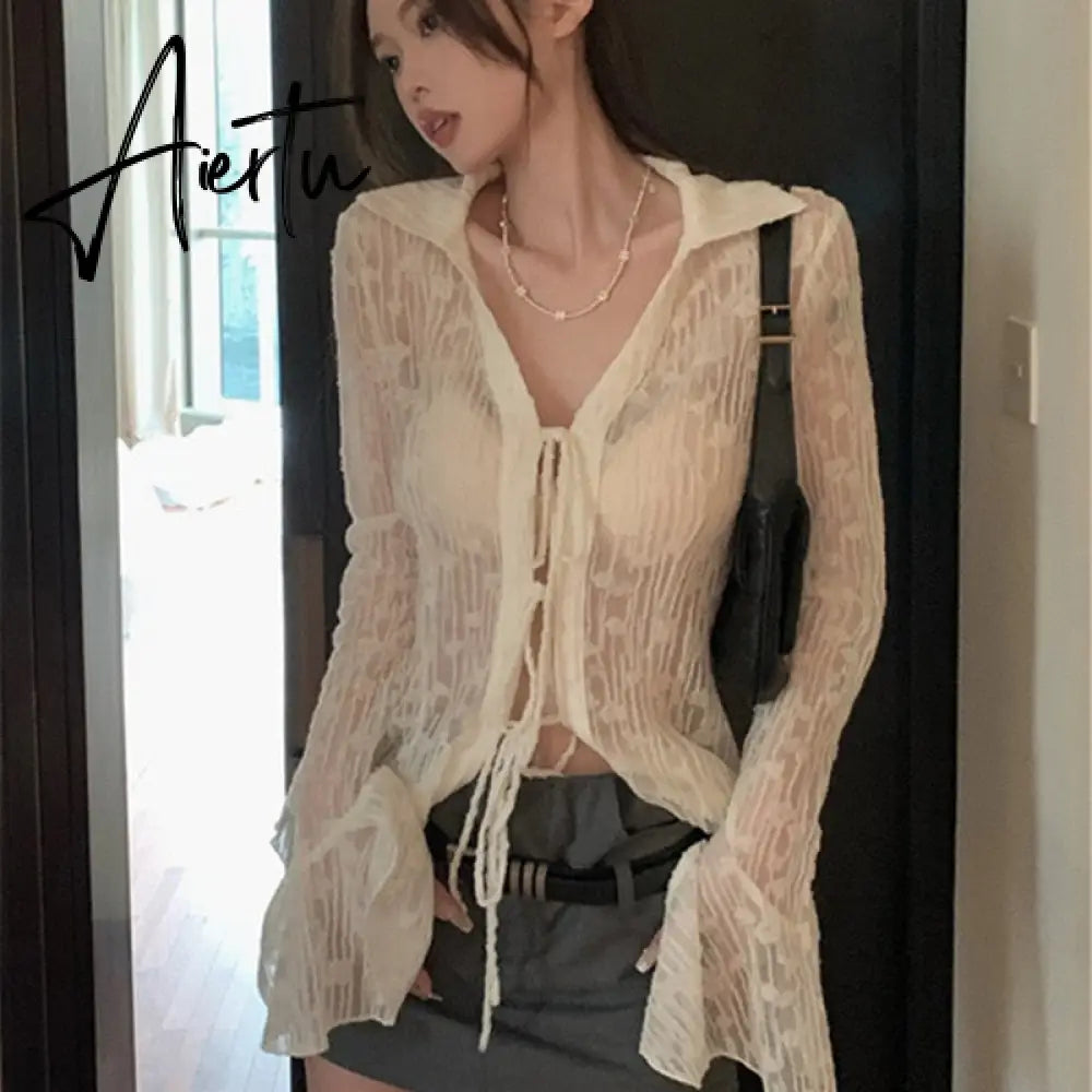 Sexy Transparent Blouse Women Lace Korean Fashion Harajuku Long Sleeve See Through Black Goth Slim Shirts Y2k Aesthetic Aiertu