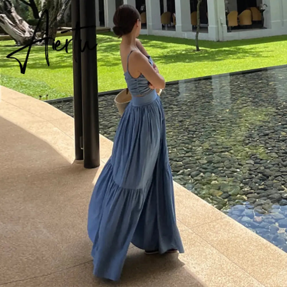 Sexy Two Piece Set Skirt Women French Style V-neck Slim Fit Short Camisole Tank Top High Waist Large Swing Ruched Skirt Suit Aiertu