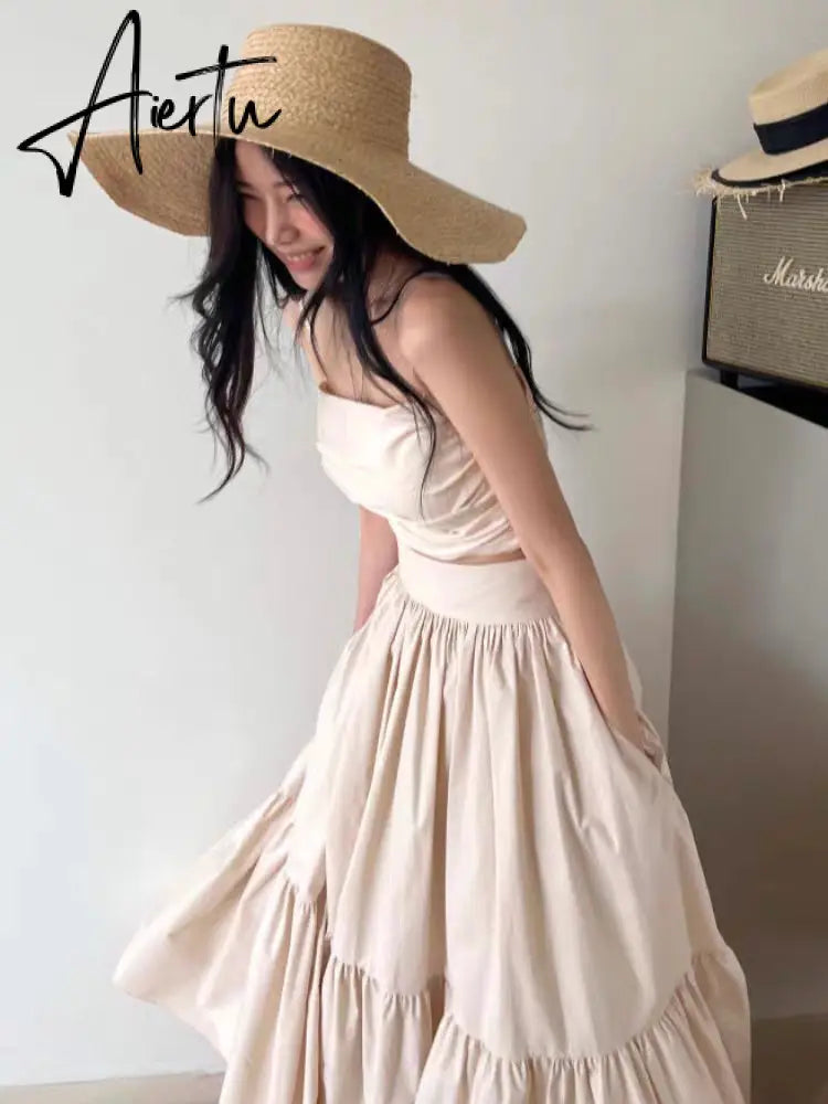 Sexy Two Piece Set Skirt Women French Style V-neck Slim Fit Short Camisole Tank Top High Waist Large Swing Ruched Skirt Suit Aiertu